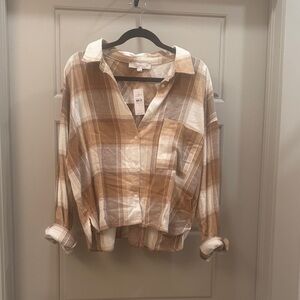 LOFT Tan and Cream Plaid Shirt